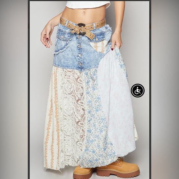 POL Dresses & Skirts - POL Patchwork Maxi Skirt in Light Blue, Cream, Tan